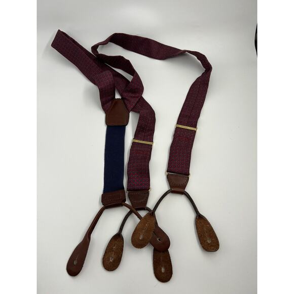 CAS W Germany Red Blue Print Suspenders Braces Silk Brass Brown Button Leather - Picture 3 of 4